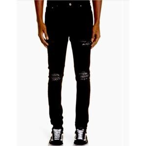 Amiri MX1 Bandana Ripped Patch Skinny Jeans Jet Black Denim size 33 Style #126